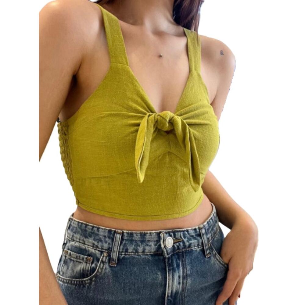 Monteau Crop Top Womens L Green Linen Blend Knot Front Smocked Back Breathable